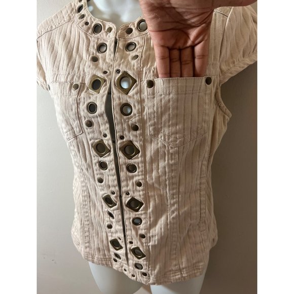 Live A Little Chic: Cream & Brown Geometric Embellished Denim Top - Womens Small - Picture 5 of 7